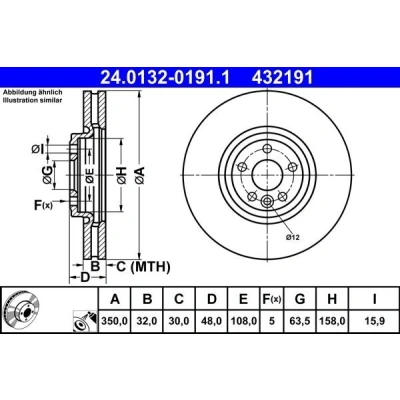 Abbildung von ATE Bremsscheibe JAGUAR: F Pace, LAND ROVER: Range Rover Velar 350,0mm 32,0mm 5 108,0mm Belüftet beschichtet hochgekohlt 24.0132 0191.1 Bremsscheiben