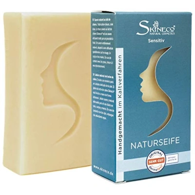 Abbildung von Skineco Naturseife sensitiv nachhaltige Ziegenmilchseife festes Duschgel Stück Seife gegen trockene empfindliche Haut Körperseife hand soap handgemachte Naturkosmetik mild