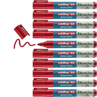Abbildung von edding 31 EcoLine Flipchartmarker rot 10 Stifte Rundspitze 1,5 3 mm zum Schreiben, Zeichnen auf Flipcharts Tinte schlägt nicht durch Papier trocknet aus nachfüllbar