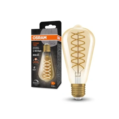 Abbildung von OSRAM Vintage 1906® Classic Edison FIL 60 LED Lampe mit Sockel 27, dimmbar, Form, gold, 8,8W, 806lm, 2400K, reduziertes warmweißes Licht, geringer Energieverbrauch, lange Lebensdauer