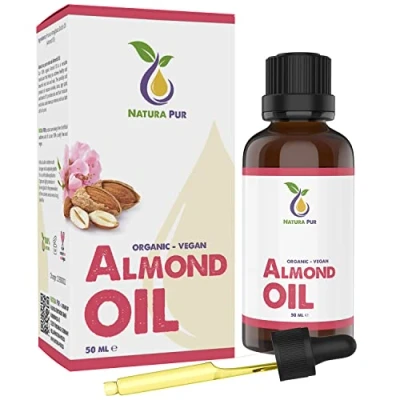 Abbildung von Mandelöl Süß BIO 50ml 100% nativ, kaltgepresst, vegan, in Glasflasche Anti Aging Serum für Gesicht, Falten, Körper, Haare, Haut, Hände, Nägel naturreines Basisöl