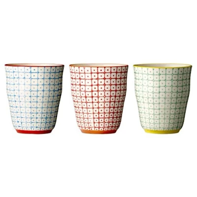 Abbildung von Bloomingville Latte Macchiato Becher ohne Henkel Carla Retro Tee Tasse Kaffee Vintage Set Ø 8,5 x H 9,5 cm, blau rot grün, Keramik, 3er Set, fasst ca. 300 ml