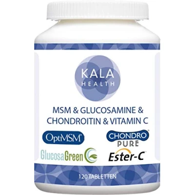 Abbildung von Kala Health 120 Tabletten mit OptiMSM® (Methylsulfonylmethan), GlucosaGreen® (Glucosamin), ChondroPure® (Chondroitin) und Ester C® (vitamin C), hochdosiert, frei von Hilfstoffe wie Magnesiumstearat Siliciumdioxid
