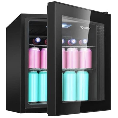 Abbildung von Bomann® Getränkekühlschrank für bis zu 55 Dosen Kühlschrank mit Glastür 42db leise 2 Ablagen Getränke 46L Mini Minibar Büro, Outdoor und Gaming KSG 7291