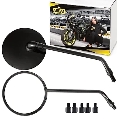 Abbildung von Area1 Motorradspiegel Rund Schwarz Custom Retro Vintage Chopper Motorrad Rückspiegel Set E geprüft, 2xM10 Rechtsgewinde. Kompatibel mit RCH
