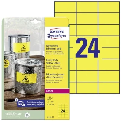 Abbildung von AVERY Zweckform L6131 20 Wetterfeste Folienetiketten (480 Signalaufkleber, 70x37mm auf A4, extrem stark selbstklebend, wasserfest, strapazierfähig, bedruckbare Outdoor Klebefolie) Blatt, gelb