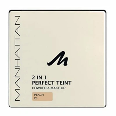 Abbildung von Manhattan 2 in 1 Perfect Teint Powder Puder und Make up einem für einen absolut ebenmäßigen Farbe Peach 20 x 9g
