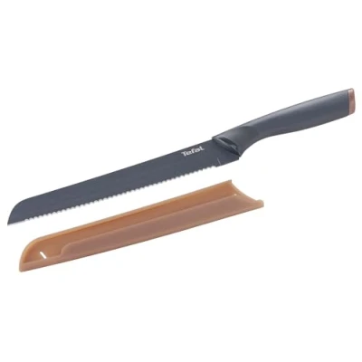 Abbildung von Tefal K12218 Fresh Kitchen Brotmesser 20 cm, Klinge aus Edelstahl mit titanverstärkter Antihaftbeschichtung, ergonomischer Griff, inkl. farbiger Schutzhülle, spülmaschinenfest, schwarz/braun