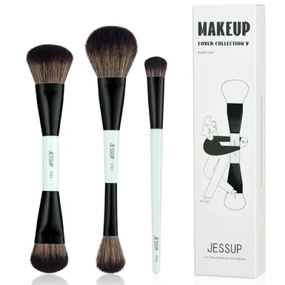 Abbildung von Jessup Pinselset Make Up Pinsel Set, 3tlgs Makeup Pinsel, 5 in 3 Duo End Gesichtskollektion, Foundation Puder Kontur Highlighter Rouge Concealer helles Zyan T503