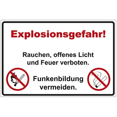 Abbildung von Schild &quot;Explosionsgefahr! Rauchen, offenes Licht und Feuer verboten.&quot; aus Alu/Dibond 300x200 mm 3 stark