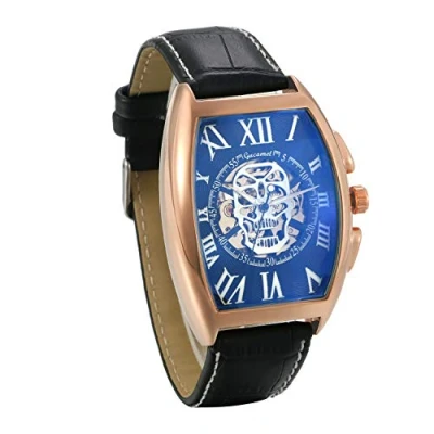 Abbildung von JewelryWe Herrenuhr Analog Automatik Uhr Automatische Mechanische Leder Band Totenkopf Schädel Skelett Armbanduhr Automatikuhr mit Rechteckig Römischen Ziffern Zifferblatt, Rosegold