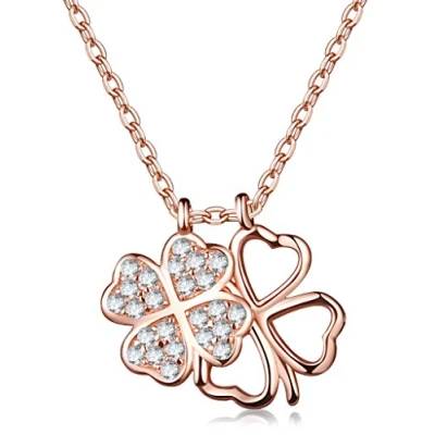 Abbildung von Unendlich U Elegant Doppel Vierblättrige Kleeblatts Damen Halskette 925 Sterling Silber Zirkonia Anhänger Verstellbare Kette, Rosegold