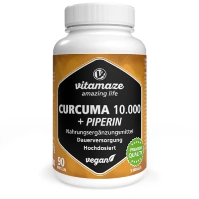 Abbildung von Kurkuma 10.000 mg hochdosiert in nur 1 Kapsel mit Piperin + Curcumin, 90 Kapseln bioaktivem Curcuma Extrakt für 3 Monate, Nahrungsergänzungsmittel ohne Zusatzstoffe, Made Germany