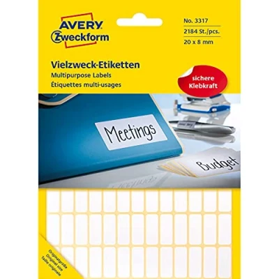 Abbildung von Avery Zweckform 3317 Haushaltsetiketten selbstklebend (20x8mm, 2.184 Aufkleber auf 28 Bogen, Vielzweck Etiketten für Haushalt, Schule und Büro zum Beschriften Kennzeichnen) blanko, weiß