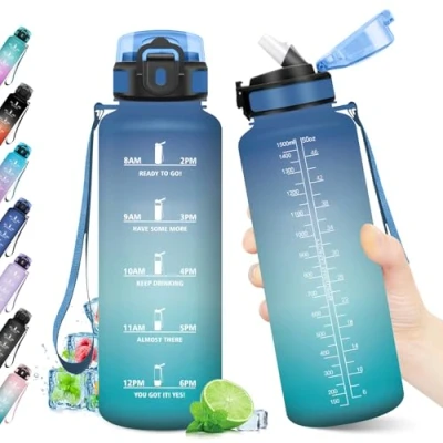 Abbildung von Sportflasche 1.5L, Auslaufsicher, BPA frei, Trinkflasche mit Zeitmarkierung &amp; Strohhalm, Kohlensäure Geeignet, Motivierende Wasserflasche für Fitness, Schule, Fahrrad, Yoga, Camping,