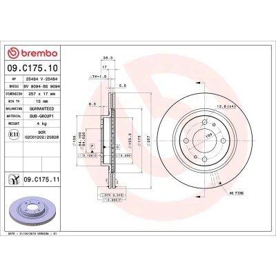 Abbildung von BREMBO COATED DISC LINE 09.C175.11 Bremsscheibe 257 17 4 innenbelüftet beschichtet CITROËN: C Zero Hatchback, MITSUBISHI: i