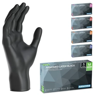 Abbildung von 100x ARNOMED Einweghandschuhe M, Latexhandschuhe Schwarz (1x100 Stk) puderfrei, Handschuhe Latex Einweg, Putzhandschuhe, Handschuhe, Einmal /Einweg XS, S, L &amp; XL