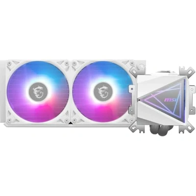 Abbildung von MSI MAG CORELIQUID I240 WHITE AIO CPU Wasserkühlung Vergrößerte Kupferkühlplatte, ARGB &amp; LDB Lüfter, Zweikammer Wasserblock, Split Flow Radiator, unterstützt Intel AMD Sockel