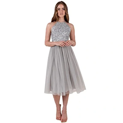 Abbildung von Maya Deluxe Damen Women&#039;s Embellished Halter Neck Midi Bridesmaid Dress, Soft Grey, 36 EU
