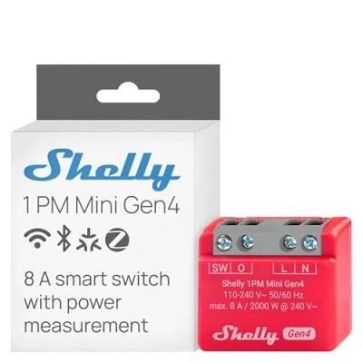 Abbildung von Shelly 1PM Mini Gen4, WLAN betriebener Smart Relaisschalter, 1 Kanal, 8A, Leistungsmessung, Hausautomation, Fernsteuerung, Kein Hub Erforderlich, Alexa, Apple HomeKit &amp; Google Home, Zigbee Matter