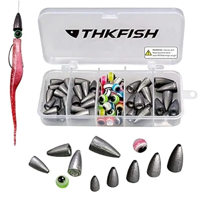 Abbildung von THKFISH Angelsets Angelzubehör Set, Texas und Carolina Rig, Gewichte Angeln Sinker, Offset Haken, Perlen, Ringe, Bobber Stopper, Wirbel, 64stücke