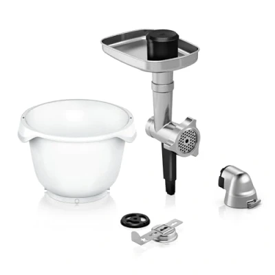 Abbildung von Bosch Zubehör Set BakingSensation MUZ9BS1, Fleischwolf, Kunststoffschüssel, Spritzgebäck Vorsatz, Edelstahl Loch Scheibe, Original Zubehör, passend für Küchenmaschine Serie 8