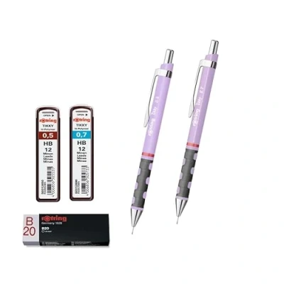 Abbildung von rOtring Tikky Druckbleistifte Set, Nachfüllminen 0,7 mm, 0,5 Orchideenblüte, Radiergummi