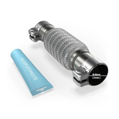 Abbildung von Flexrohr Universal Flexstück Wellrohr Hosenrohr Flexibles Rohr Edelstahl Interlock Ø60mm x 150mm 260mm mit 2 Schellen inkl. Auspuff Kitt Einbau ohne Schweißen