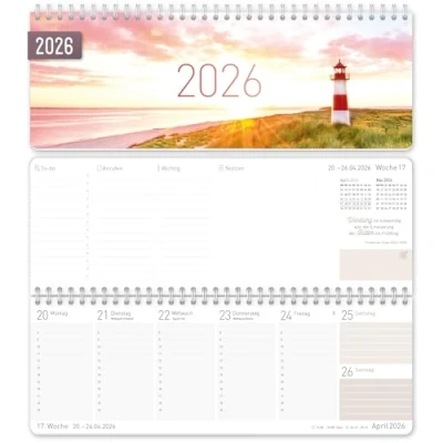 Abbildung von Häfft® Wochen Tischkalender 2026 quer &quot;Leuchtturm&quot; 1 Woche 2 Seiten, Schreibtisch Kalender mit Sprüchen, Wochenkalender 29,7 x 11,6 cm nachhaltig &amp; klimafreundlich