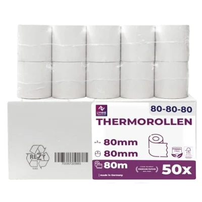 Abbildung von Thermorollen 80mm x 80m 12mm Kassenrollen Bonrollen für Registrierkasse Bondrucker Thermopapier BPA Frei (Large 80x80x12 80 Meter 50 Rollen)