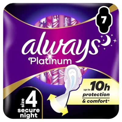 Abbildung von Always Platinum Damenbinde, Größe 4, Secure Night, 7 Binden mit Flügeln, reichlich fließende Nacht, Eco Format, weich und flexibel, super saugfähig ultradünn