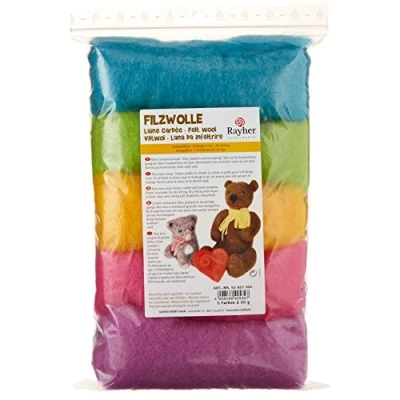 Abbildung von Rayher Hobby 53657000 Reine Schurwolle, Vlies, 5 Farben à 20 g, Sommermix, easy going, Gold