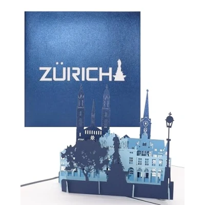 Abbildung von Grußkarte „Zürich Panorama mit Grossmünster“ 3D Pop Up Karte Züricher Skyline Städtekarte als Souvenir, Geschenk, Einladung &amp; Reisegutschein zum City Trip nach Zürich Schweiz Urlaub