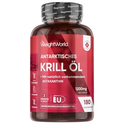 Abbildung von Omega 3 Krillöl Kapseln 1200mg mit Astaxanthin &amp; Cholin 180 Weichkapseln für Monate EPA DHA Herz Blutdruck (EFSA) Alternative zu Fischöl Lebertran Antarktis Krill WeightWorld
