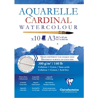 Abbildung von Clairefontaine 96184C Cardinal Aquarellblock (DIN A3, 29,7 x 42 cm, 300 g, kopseitig verleimt, 10 Blätter, 2 Körnungen, ideal für Anfänger) extraweiß