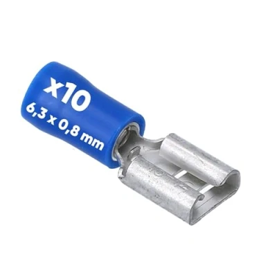 Abbildung von 10 Stück Kalitec FHB638 Flachsteckhülsen blau 6,3x0,8 Kabelverbinder I 1,5 2,5mm² Steckverbinder teilisoliert Messing PVC Kragen für Kfz &amp; Industrie