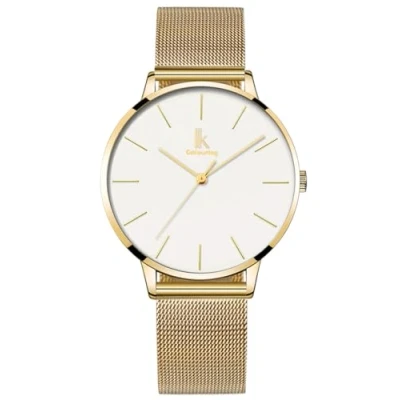 Abbildung von Alienwork Armbanduhr Damen Gold Metall Mesh Armband Edelstahl Weiss Ultra flach dünn