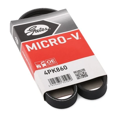 Abbildung von GATES Micro V 4PK860 Keilrippenriemen 860 4 Polyester, EPDM (Ethylen Propylen Dien Kautschuk) BMW: X3, 3 Saloon, 5 Touring, MAZDA: MX 2