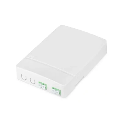 Abbildung von DIGITUS FTTH Gehäuse 2x LC/APC Duplex Kupplung Singlemode Glasfaser integrierte LWL Spleißkassette IP45 Schutzklasse Wandmontage Weiß