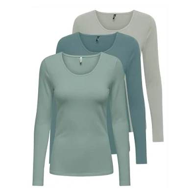 Abbildung von ONLY Damen Onllive Love Life LS Oneck Top, 3er Pack, Green Milieu/Stormy Sea/Mineral Gray, L
