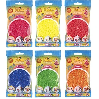 Abbildung von Hama Happy Price Toys Midi Bügelperlen (Kon 5) Konvulut 6X Neon Farben (Neon Gelb,Neon Rot,Neon Fuchsia,Neon Blau,Neon Grün,Neon Orange) Bügelanleitung mit 3 Design Vorlagen
