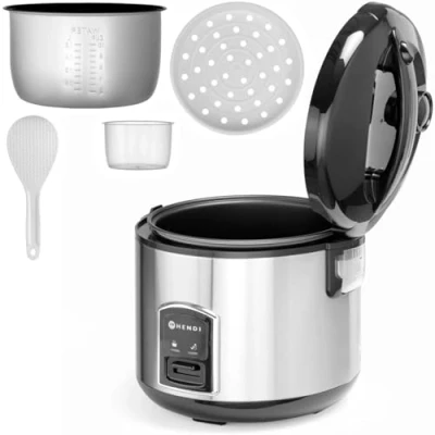 Abbildung von HENDI Reiskocher, Reiskocher mit Dampfgarfunktion, Warmhaltefunktion, 10 Tassen Trockenreis, Inhalt 1,8L, Inklusive Dampfgareinsatz, Messbecher und Reislöffel, 230V, 700W, ø280x(H)285mm, Edelstahl