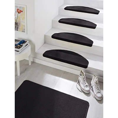Abbildung von Hanse Home Stufenmatten Fancy Treppen Teppich Treppenmatten Selbstklebend Sicherheit Stufenteppich halbrund für Treppenstufen Schwarz, ca. 23x65cm 15 Stück