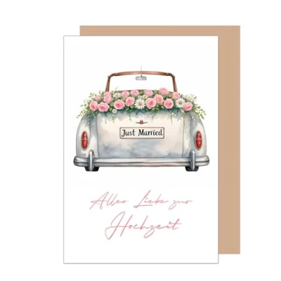 Abbildung von Edition Seidel Premium Glückwunschkarte zur Hochzeit mit Umschlag aus Kraftpapier. Hochzeitskarte Grußkarte Vermählung Just Married Wedding Brautpaar Auto Blumen (H477 SW024)