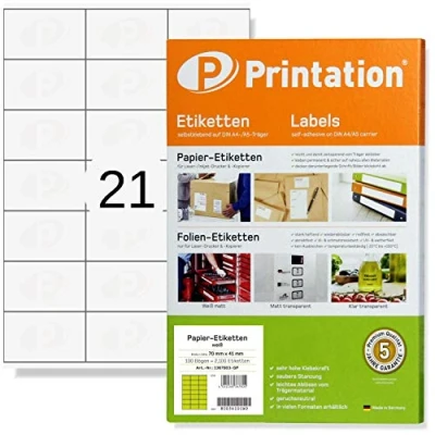 Abbildung von Printation Universal Etiketten 70 x 41 mm 2100 Adressetiketten selbstklebend blanko weiß zum bedrucken auf 100 DIN A4 Blatt 3x7 21 70x41 pro Bogen Internetmarke Labels 3481 4473