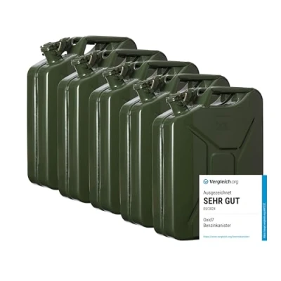 Abbildung von Oxid7 5x Kraftstoffkanister 20 Liter aus Metall olivgrün Benzin, Diesel &amp; Bio Ethanol geeignet 20L Benzin Kanister mit UN Zulassung Bauart geprüft