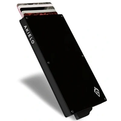 Abbildung von AKIELO Kartenetui mit RFID Schutz und Geschenkbox Minimalistische Geldbörse Herren Kompakte Wallet Kontaktloser Kreditkartenschutz (Alpha Schwarze Ausgabe)