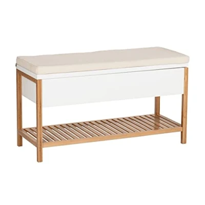 Abbildung von WENKO Schuhbank mit Staufach Mod. Finja, Sitzbank Sitzpolster, Stauraum und Schuhablage im Scandi Chic, Deckel aufklappbar, aus hochwertigem Bambus kombiniert MDF, 90 x 52 35 cm
