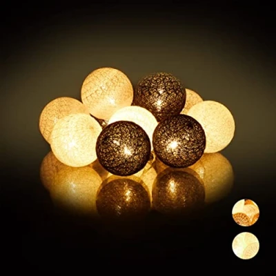 Abbildung von Relaxdays, weiß grau schwarz LED Lichterkette mit 10 Baumwollkugeln, batteriebetrieben, Stimmungslichter, Kugeln 6 cm Ø, PS, Baumwolle