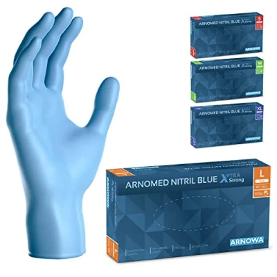 Abbildung von ARNOMED Einweghandschuhe Blau Extra Stark, Einmalhandschuhe in L, 50% dickere Nitrilhandschuhe, 100 Stk./Box, Handschuhe Einweg puderfrei, latexfreie Gummihandschuhe, S, M, L &amp; XL